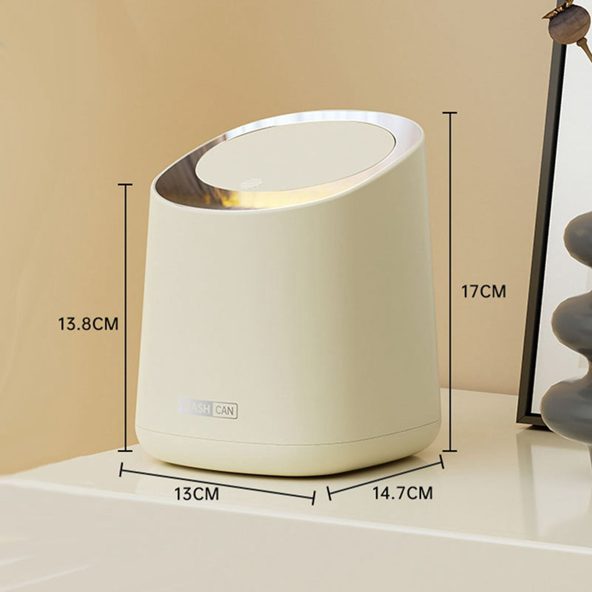 Mini Countertop Garbage Can Small Plastic Countertop Wastebasket Waste Can with Press Type Lid for Bathroom Bedroom Living Room Dressing Table Cream White