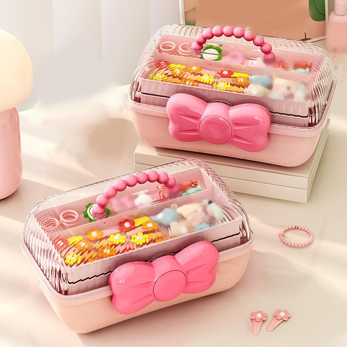 3 Tiers Desktop Storage Box Clear Cover Large Capacity Multi Grids Desk Organization Container for Kids Toys Pink