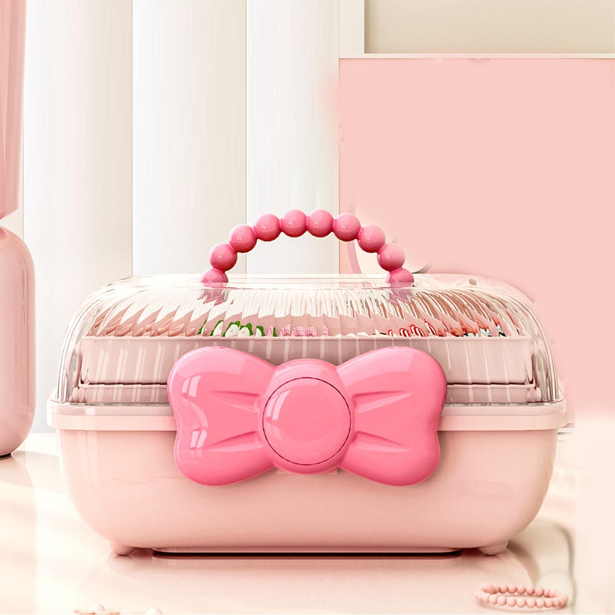 3 Tiers Desktop Storage Box Clear Cover Large Capacity Multi Grids Desk Organization Container for Kids Toys Pink