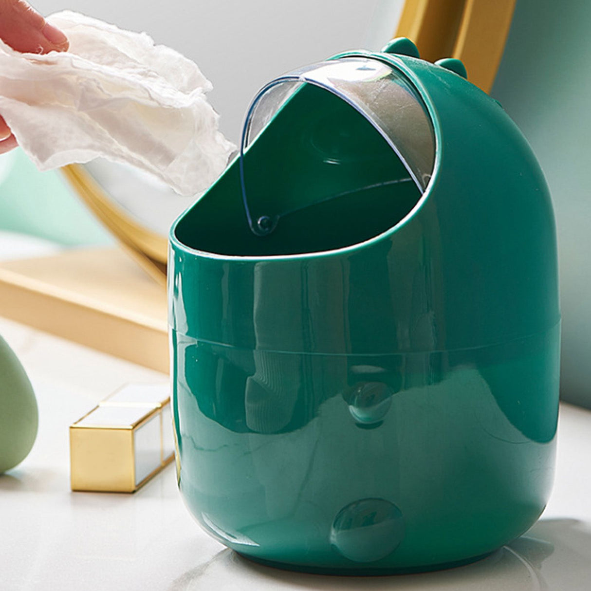 Desktop Trash Can Plastic with Lid Mini Small Cute Shaped for Dining Table Desk Home Office Easy Storage S Green