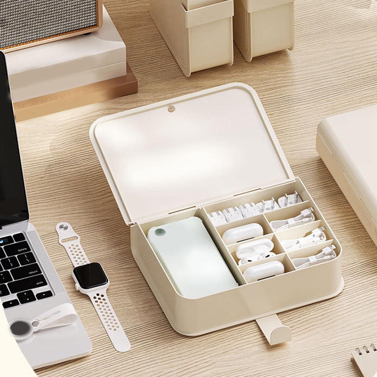 Desktop Organizer Box Data Cable Storage Case Plastic Book Design Home Decoration for Line Earbud Cream