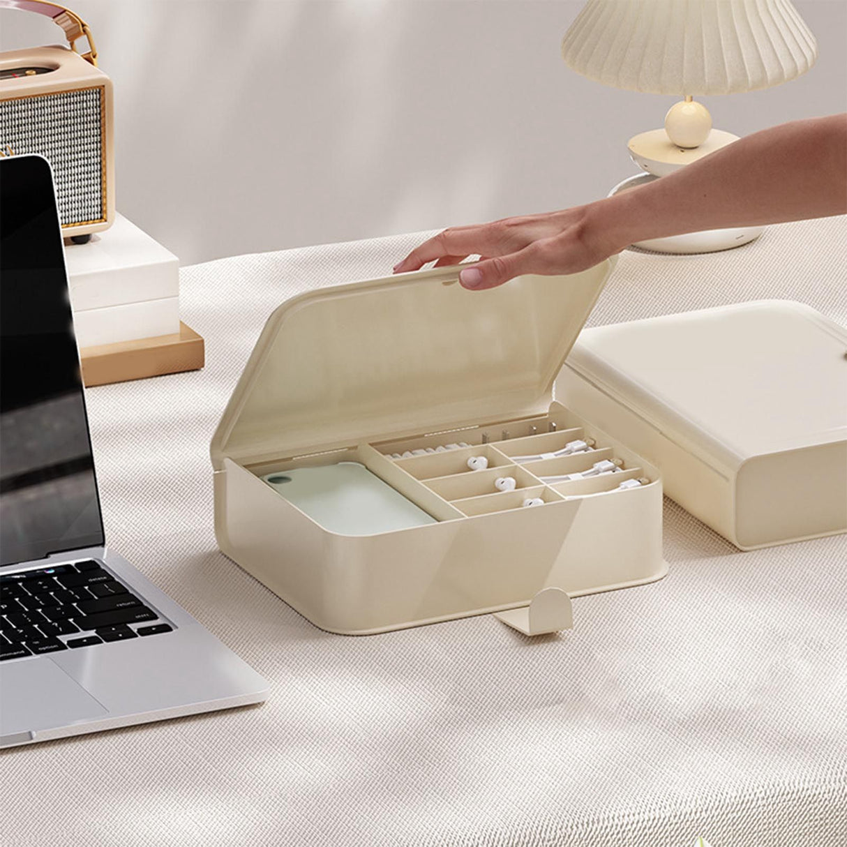 Desktop Organizer Box Data Cable Storage Case Plastic Book Design Home Decoration for Line Earbud Cream