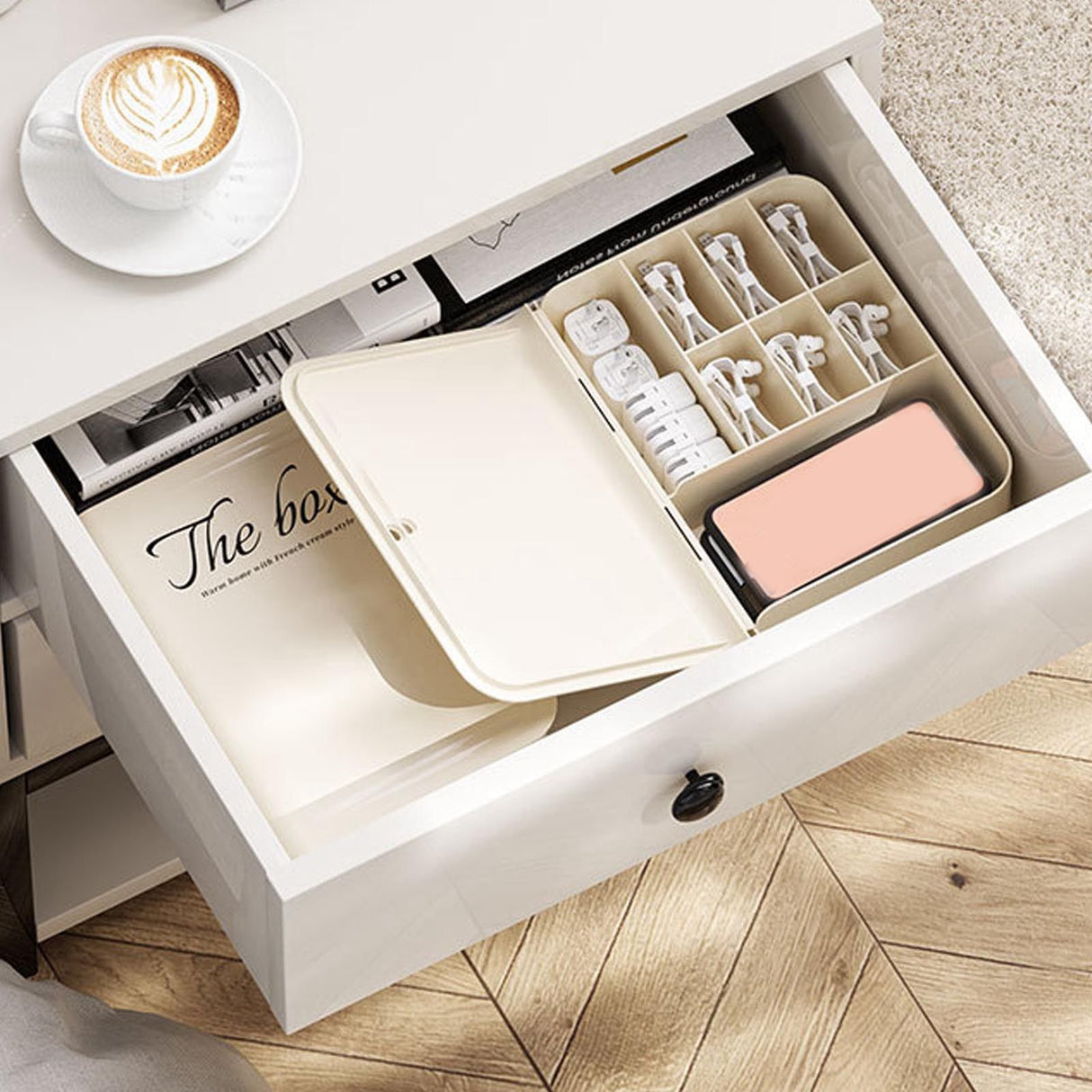 Desktop Organizer Box Data Cable Storage Case Plastic Book Design Home Decoration for Line Earbud Cream