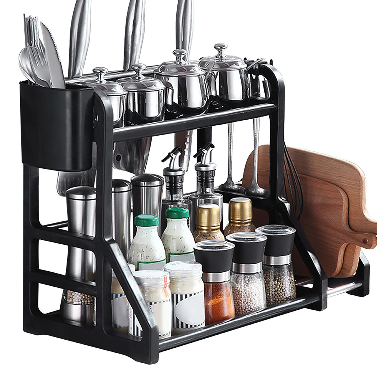 Kitchen Storage Rack Moveable Corner Shelf Spice Rack Double Layers Multifunctional Knife Stand Black