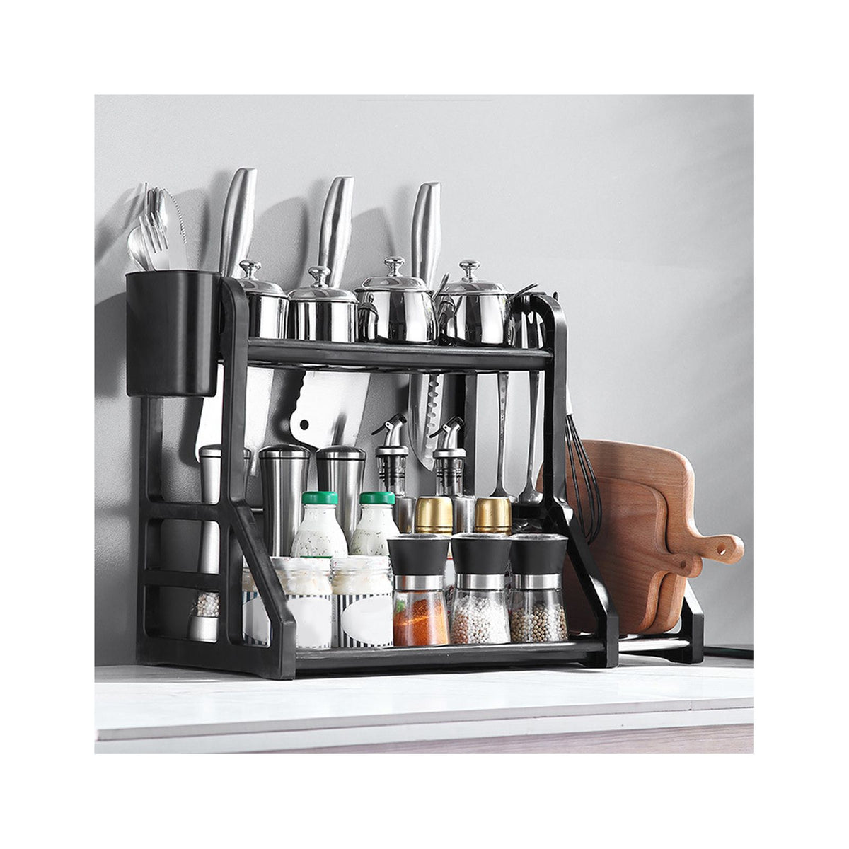 Kitchen Storage Rack Moveable Corner Shelf Spice Rack Double Layers Multifunctional Knife Stand Black