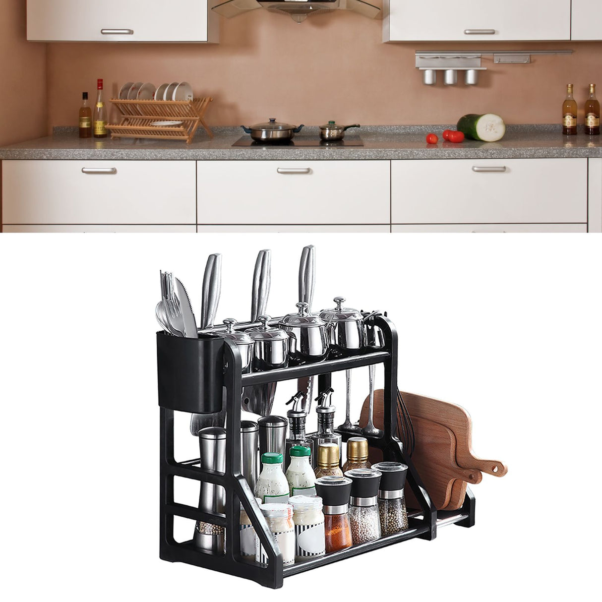 Kitchen Storage Rack Moveable Corner Shelf Spice Rack Double Layers Multifunctional Knife Stand Black