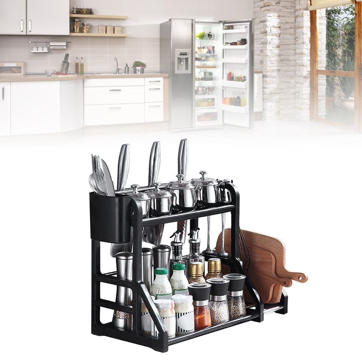 Kitchen Storage Rack Moveable Corner Shelf Spice Rack Double Layers Multifunctional Knife Stand Black