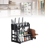 Kitchen Storage Rack Moveable Corner Shelf Spice Rack Double Layers Multifunctional Knife Stand Black - Rear View
