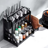 Kitchen Storage Rack Moveable Corner Shelf Spice Rack Double Layers Multifunctional Knife Stand Black