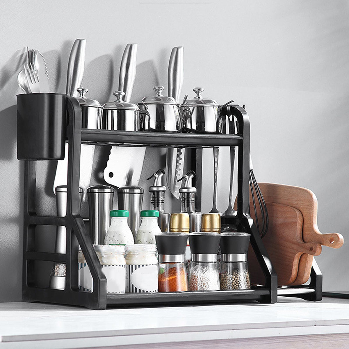 Kitchen Storage Rack Moveable Corner Shelf Spice Rack Double Layers Multifunctional Knife Stand Black
