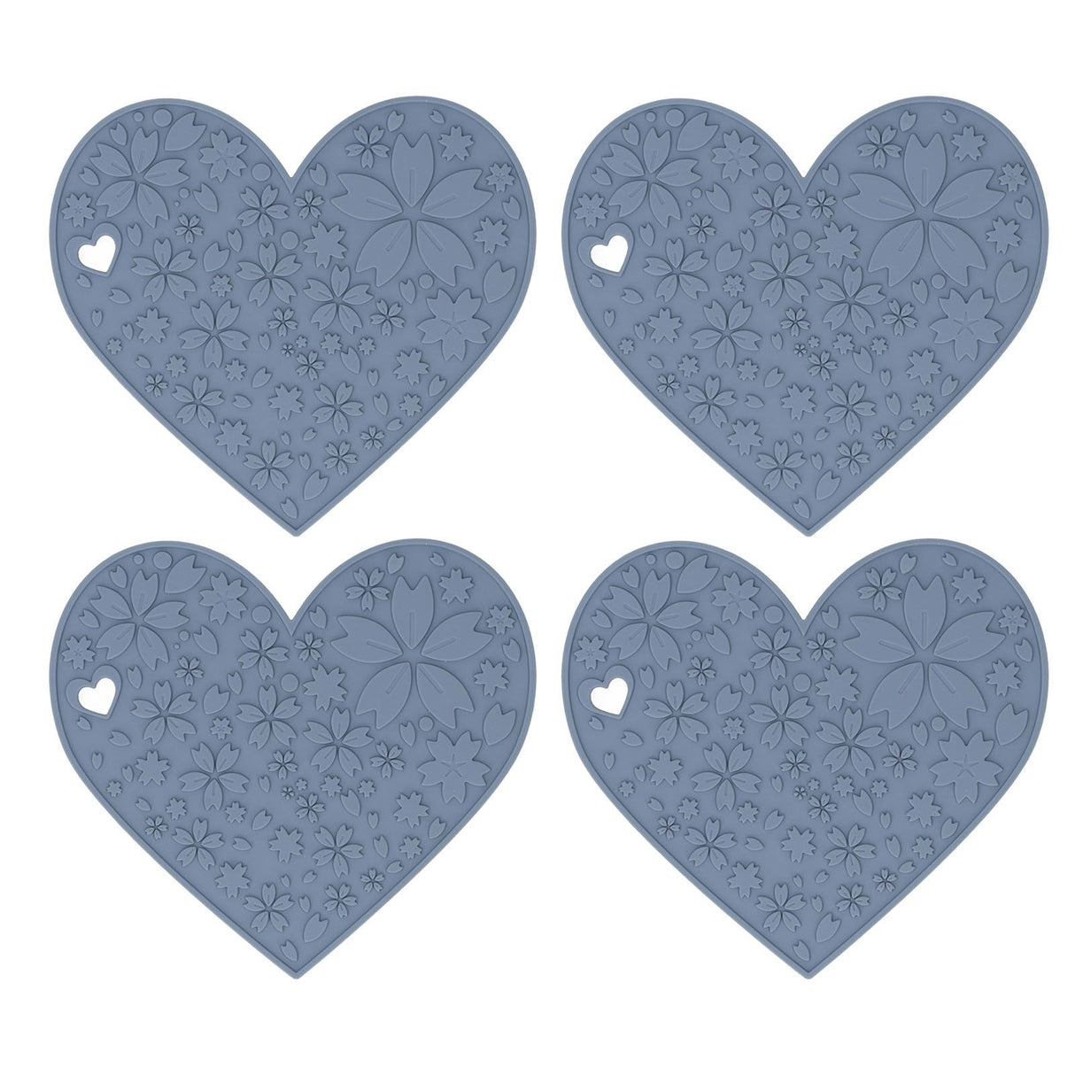 4PCS Silicone Placemats Heart Shaped Non Slip Waterproof Heat Resistant Washable Dinning Table Mat for Pet Feeding Kitchen Sink Grey