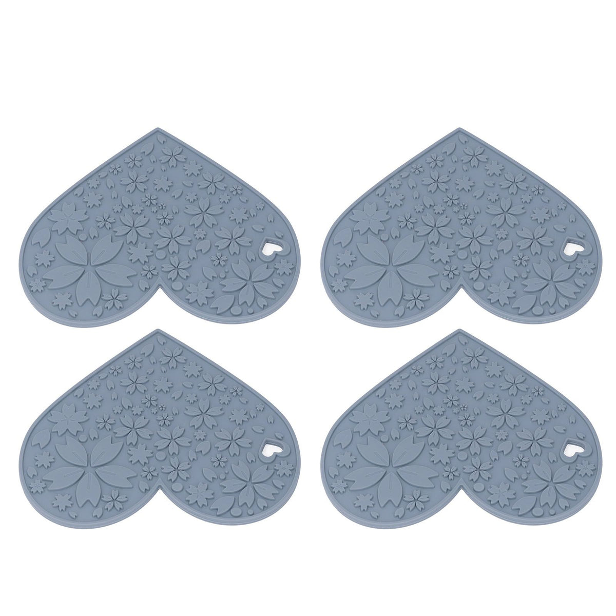 4PCS Silicone Placemats Heart Shaped Non Slip Waterproof Heat Resistant Washable Dinning Table Mat for Pet Feeding Kitchen Sink Grey