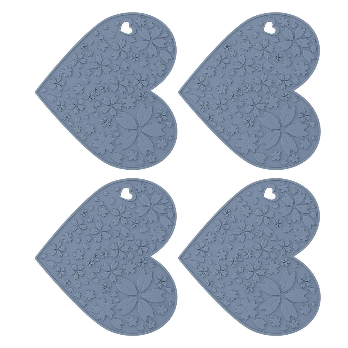 4PCS Silicone Placemats Heart Shaped Non Slip Waterproof Heat Resistant Washable Dinning Table Mat for Pet Feeding Kitchen Sink Grey
