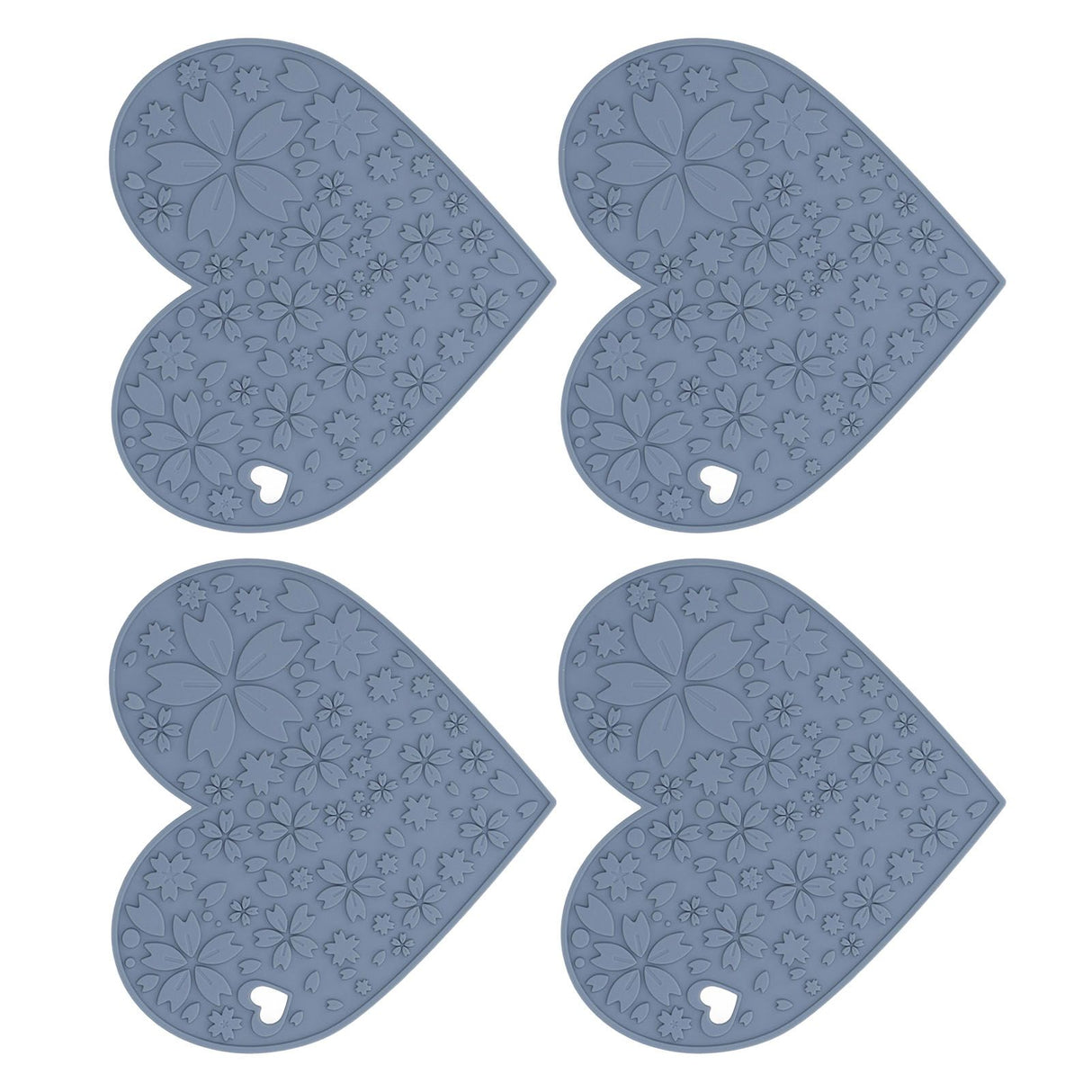 4PCS Silicone Placemats Heart Shaped Non Slip Waterproof Heat Resistant Washable Dinning Table Mat for Pet Feeding Kitchen Sink Grey