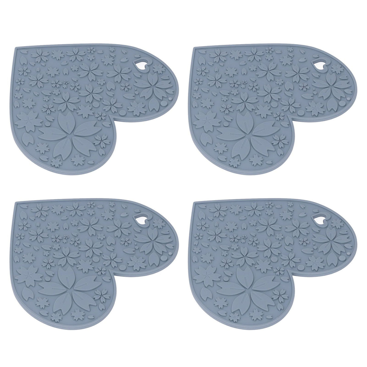 4PCS Silicone Placemats Heart Shaped Non Slip Waterproof Heat Resistant Washable Dinning Table Mat for Pet Feeding Kitchen Sink Grey