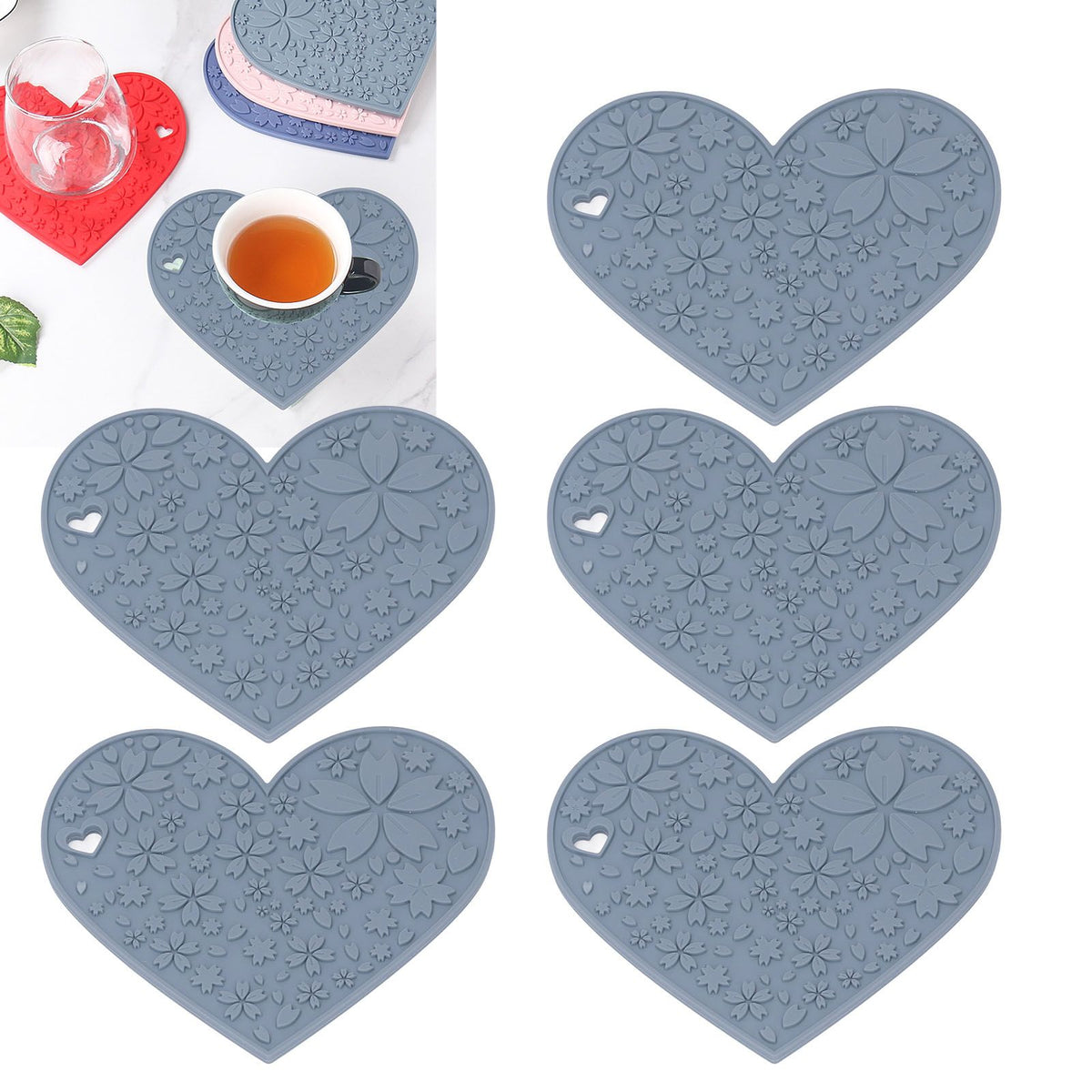 4PCS Silicone Placemats Heart Shaped Non Slip Waterproof Heat Resistant Washable Dinning Table Mat for Pet Feeding Kitchen Sink Grey