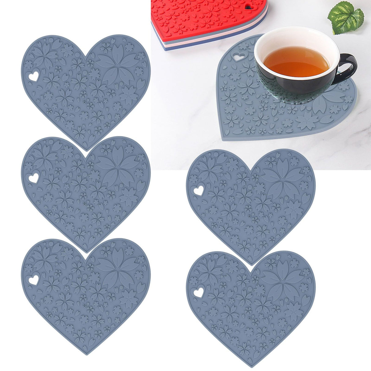 4PCS Silicone Placemats Heart Shaped Non Slip Waterproof Heat Resistant Washable Dinning Table Mat for Pet Feeding Kitchen Sink Grey