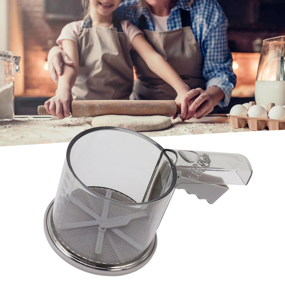 Flour Sifter Sieve PP Transparent Adjustable Fine Mesh One Hand Operation Powder Sifter Sieve for Kitchen Baking Single Layer
