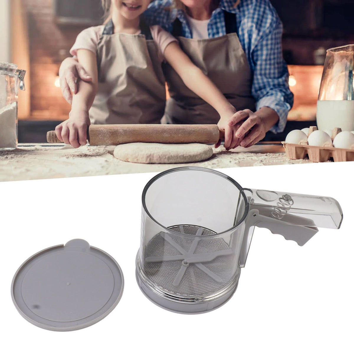 Flour Sifter Sieve PP Transparent Adjustable Fine Mesh One Hand Operation Powder Sifter Sieve for Kitchen Baking Double Layer