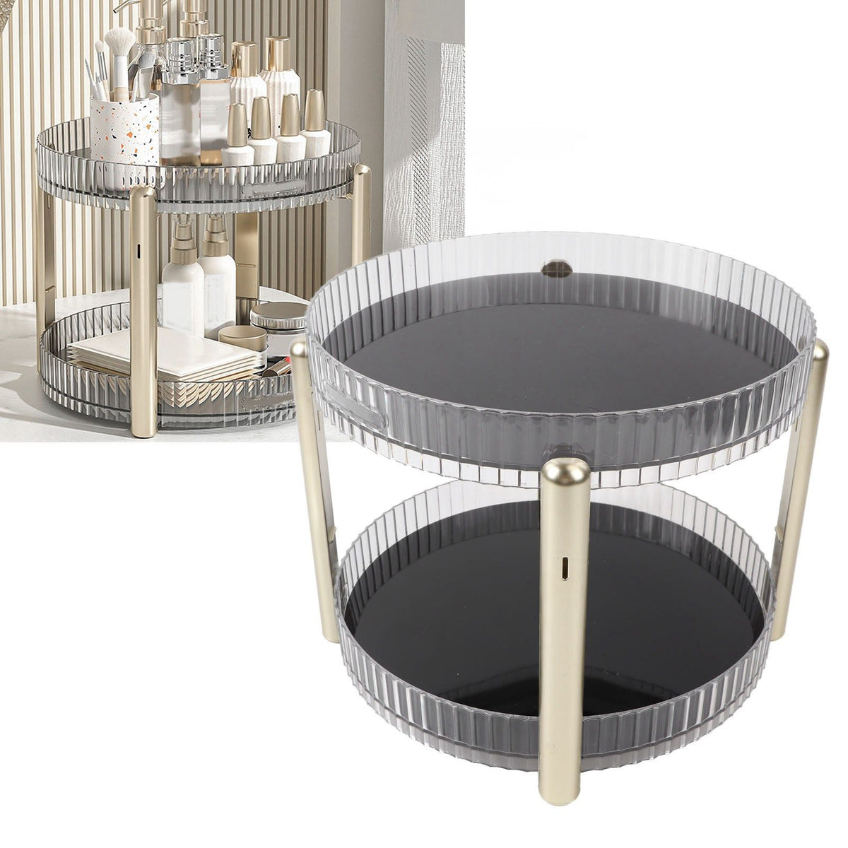 Double Layer Rotating Makeup Organizer Multifunctional Rotating Cosmetic Shelf for Home Translucent White