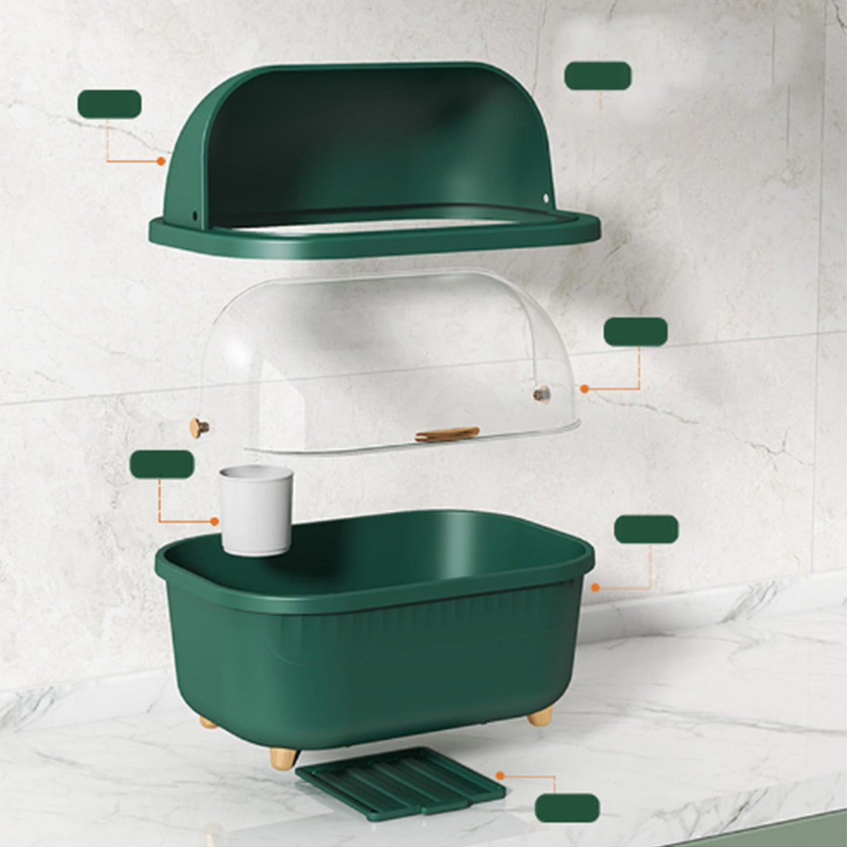 Dish Drying Box Multifunctional Space Saving Dish Drainer with Lid Cover for Kitchen Accessories Green M