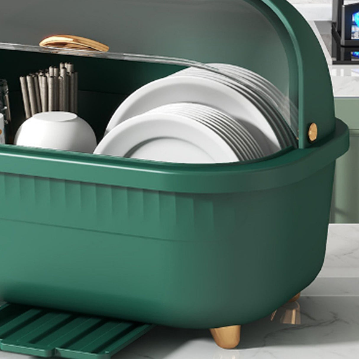 Dish Drying Box Multifunctional Space Saving Dish Drainer with Lid Cover for Kitchen Accessories Green L