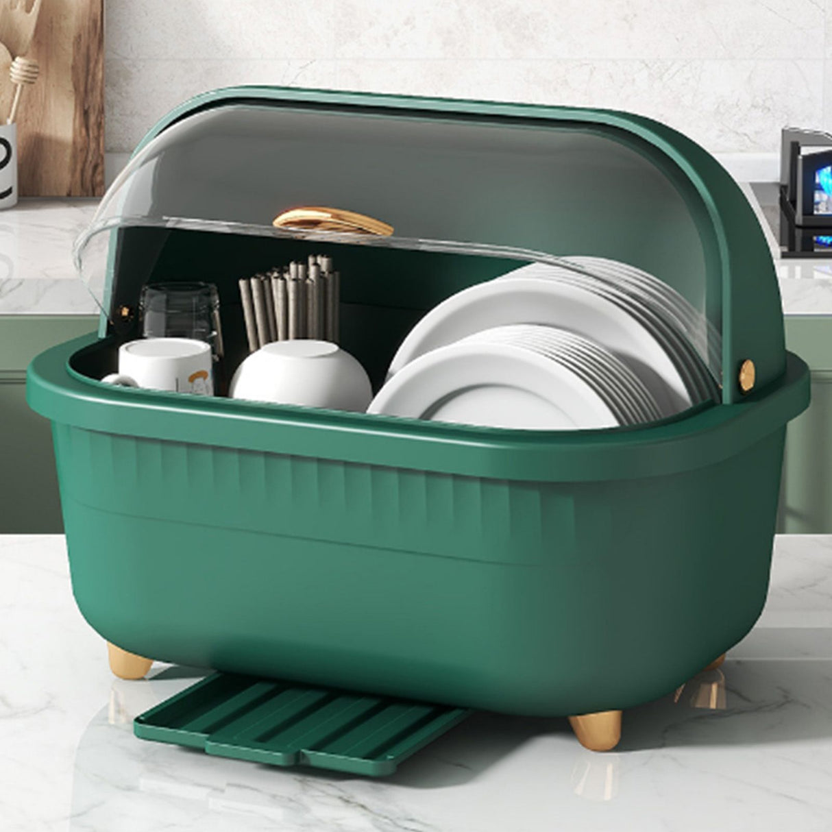 Dish Drying Box Multifunctional Space Saving Dish Drainer with Lid Cover for Kitchen Accessories Green L