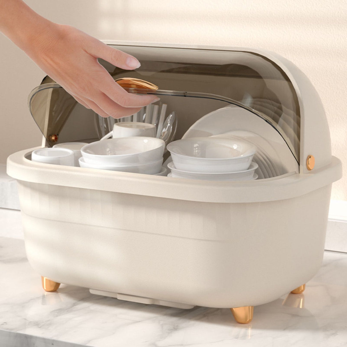 Dish Drying Box Multifunctional Space Saving Dish Drainer with Lid Cover for Kitchen Accessories Apricot M