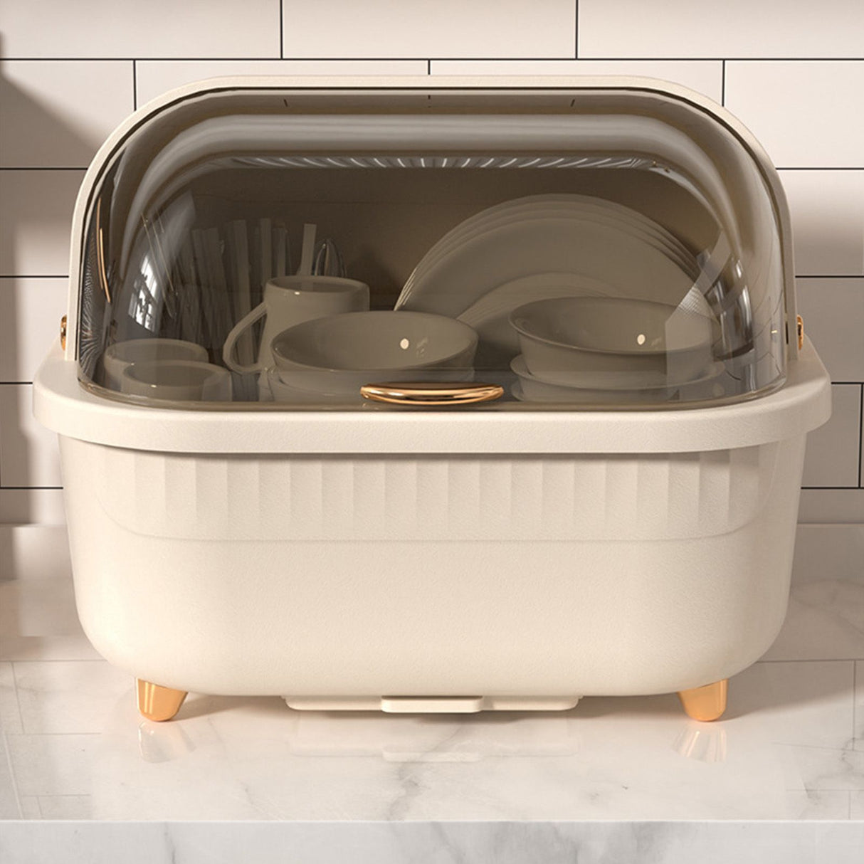 Dish Drying Box Multifunctional Space Saving Dish Drainer with Lid Cover for Kitchen Accessories Apricot L