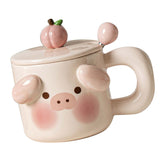 Cartoon Coffee Mug with Spoon Lid Cute Lovely Animal Shape Milk Cup Mug for Office School Pig Type - Front View
