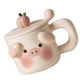 Cartoon Coffee Mug with Spoon Lid Cute Lovely Animal Shape Milk Cup Mug for Office School Pig Type - Side View
