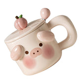 Cartoon Coffee Mug with Spoon Lid Cute Lovely Animal Shape Milk Cup Mug for Office School Pig Type - Top-Down View