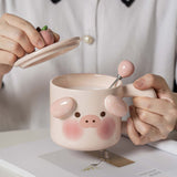 Cartoon Coffee Mug with Spoon Lid Cute Lovely Animal Shape Milk Cup Mug for Office School Pig Type - 45-Degree Angle