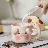 Cartoon Coffee Mug with Spoon Lid Cute Lovely Animal Shape Milk Cup Mug for Office School Pig Type - Rear View