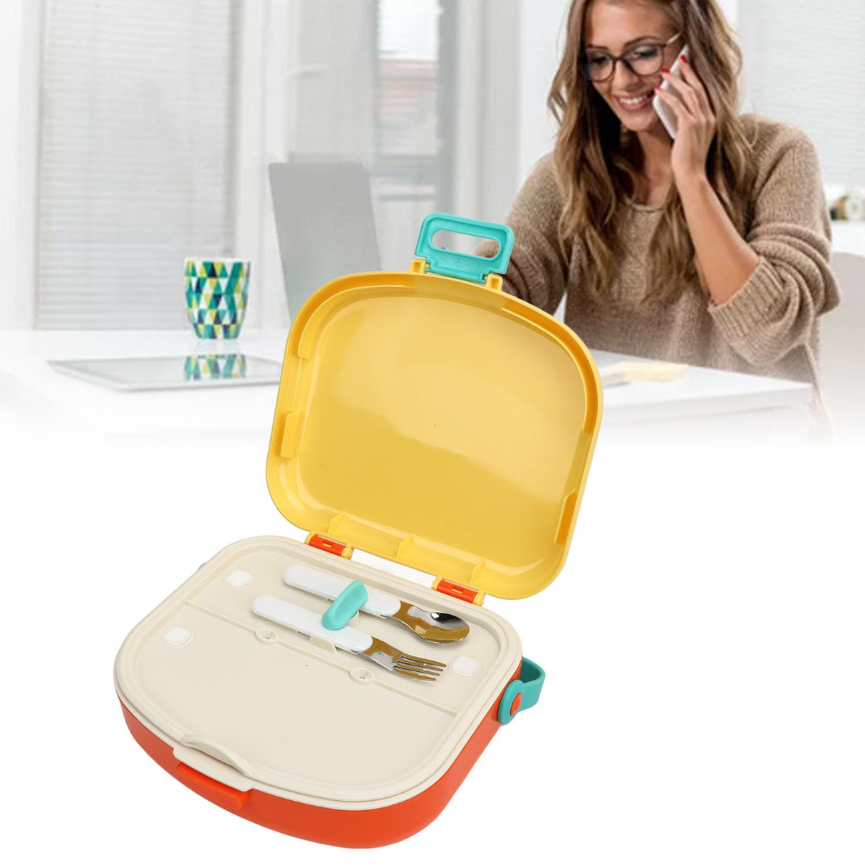 Bento Lunch Box ABS Separate Compartments with Buckle Handle Leakage Proof Air Hole Heat Resistant Bento Box with Spoon Fork Yellow