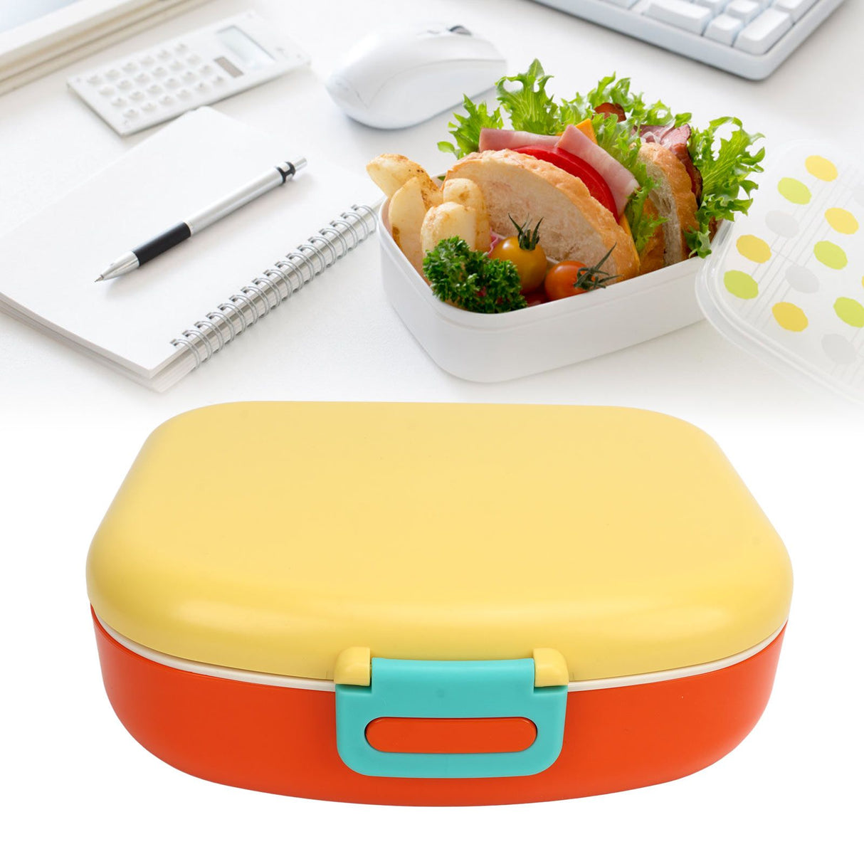 Bento Lunch Box ABS Separate Compartments with Buckle Handle Leakage Proof Air Hole Heat Resistant Bento Box with Spoon Fork Yellow
