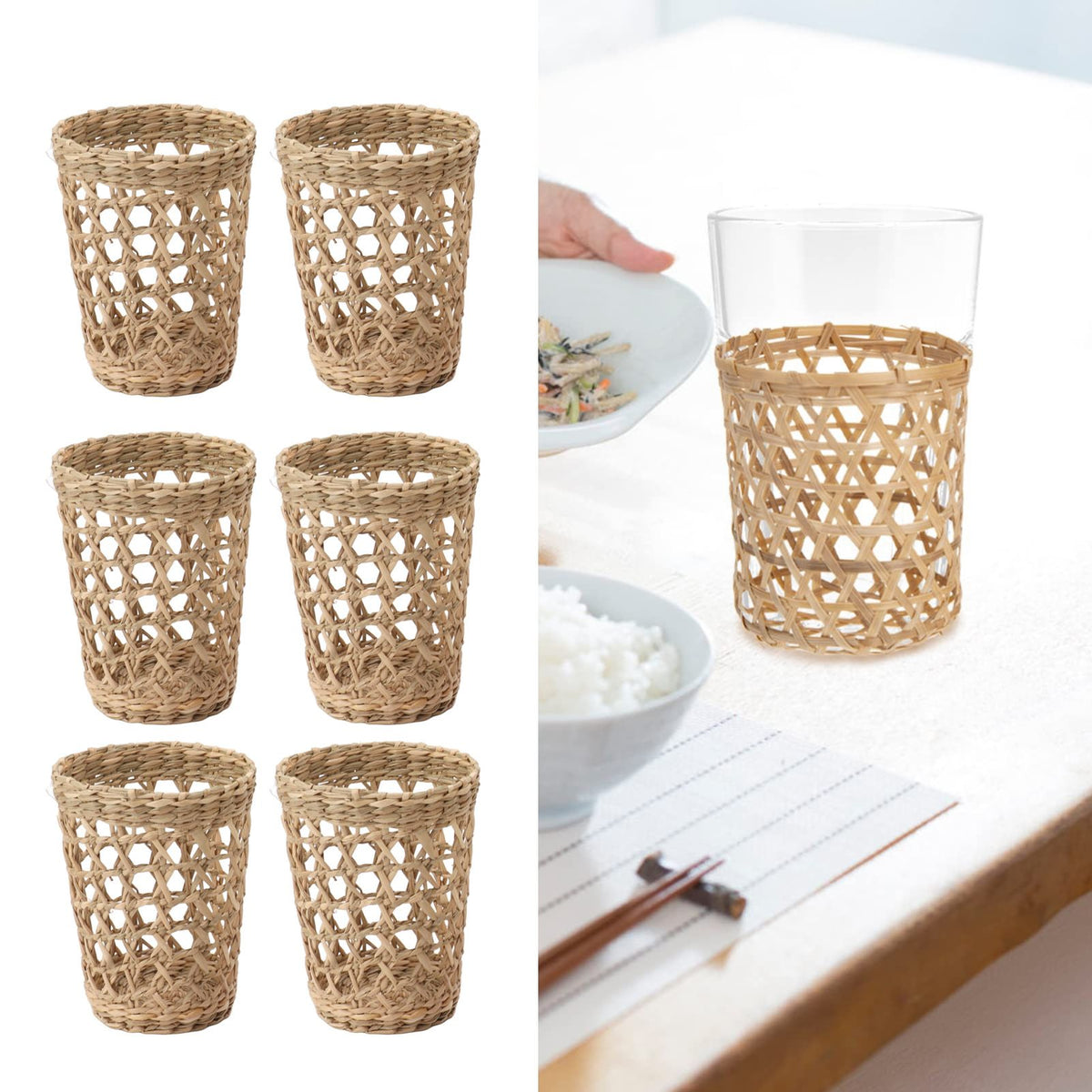 6 PCS Woven Cup Holders Anti Scald Hollow Straw Woven Glass Cup Sleeve for Glass Bottles Plastic Cups Mugs