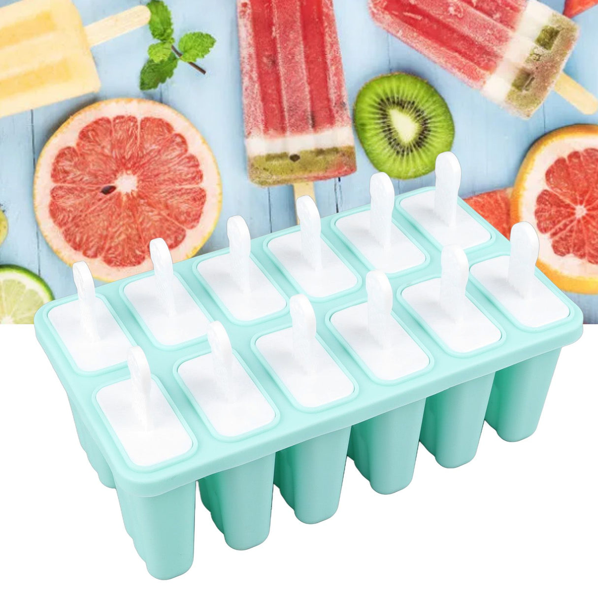 12 Cavity Ice Cream Mould with Stick Easy Release Green Reusable Silicone Ice Pop Moulds for Ice Cream
