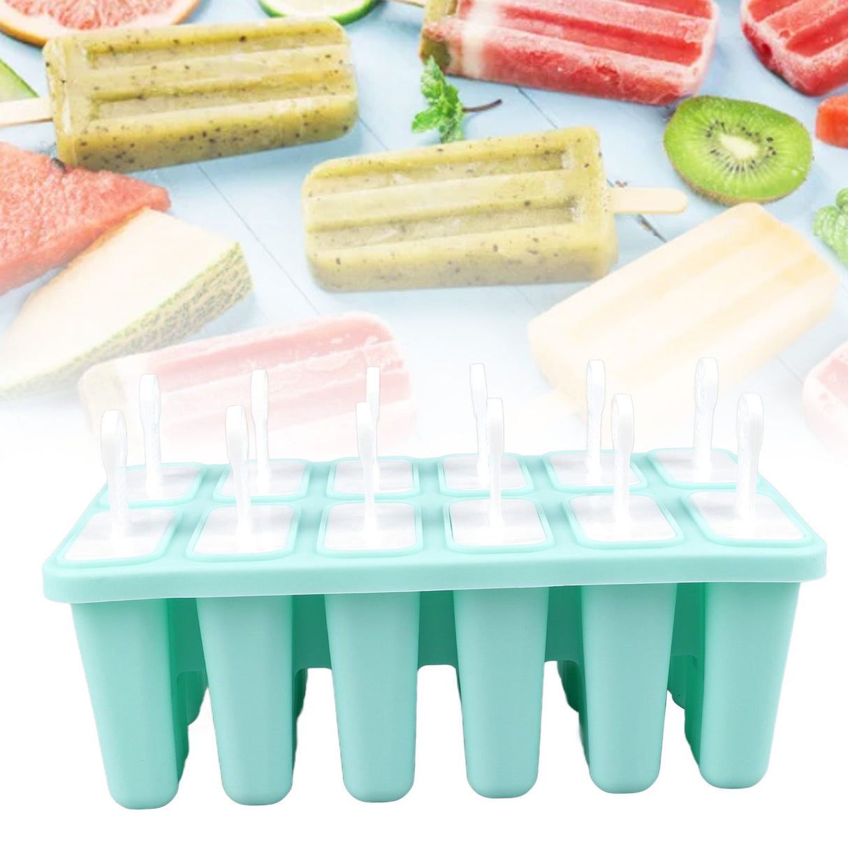 12 Cavity Ice Cream Mould with Stick Easy Release Green Reusable Silicone Ice Pop Moulds for Ice Cream