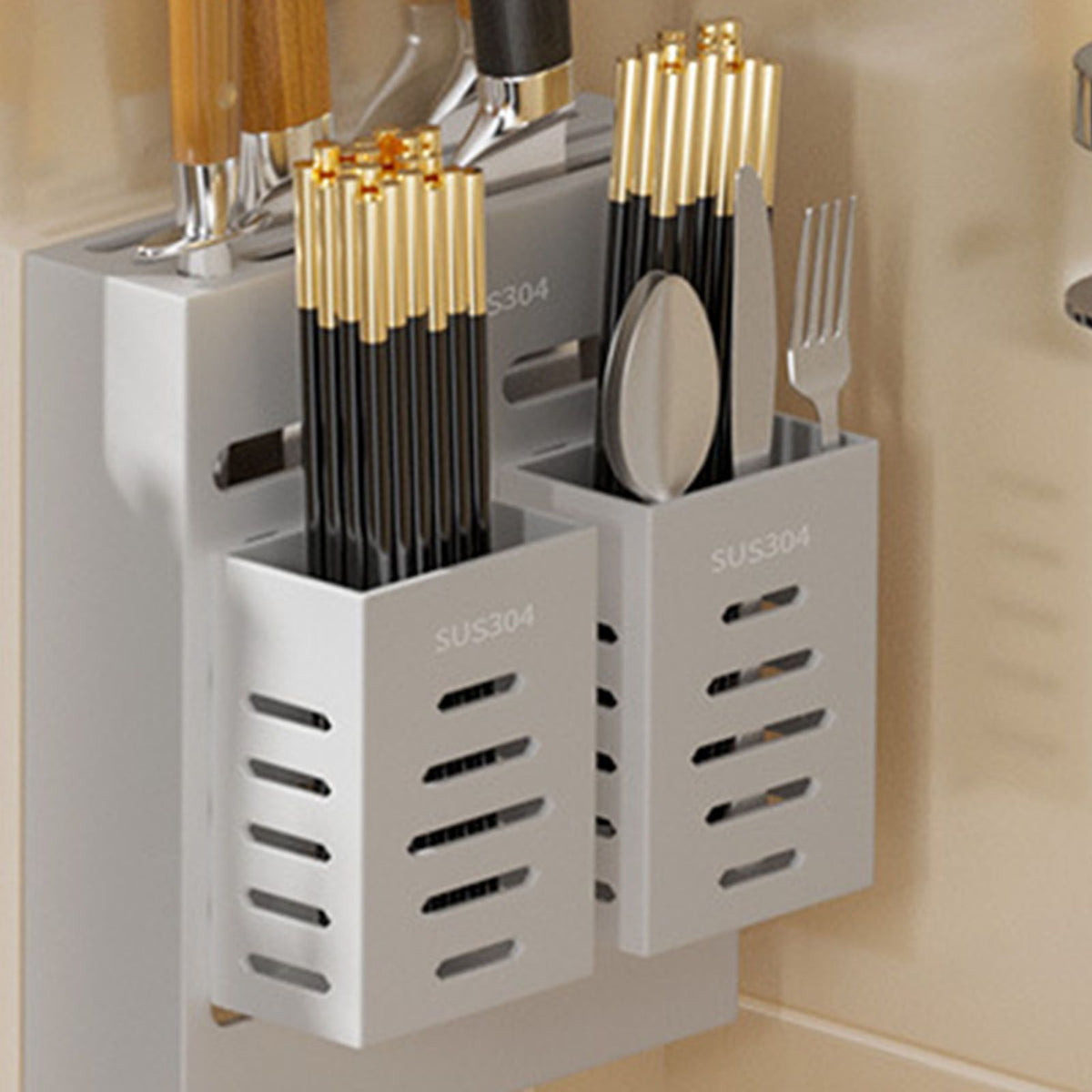 Utensil Holder Stainless Steel Wall Mount Chopstick Draining Storage Shelf for Home Kitchen Glossy