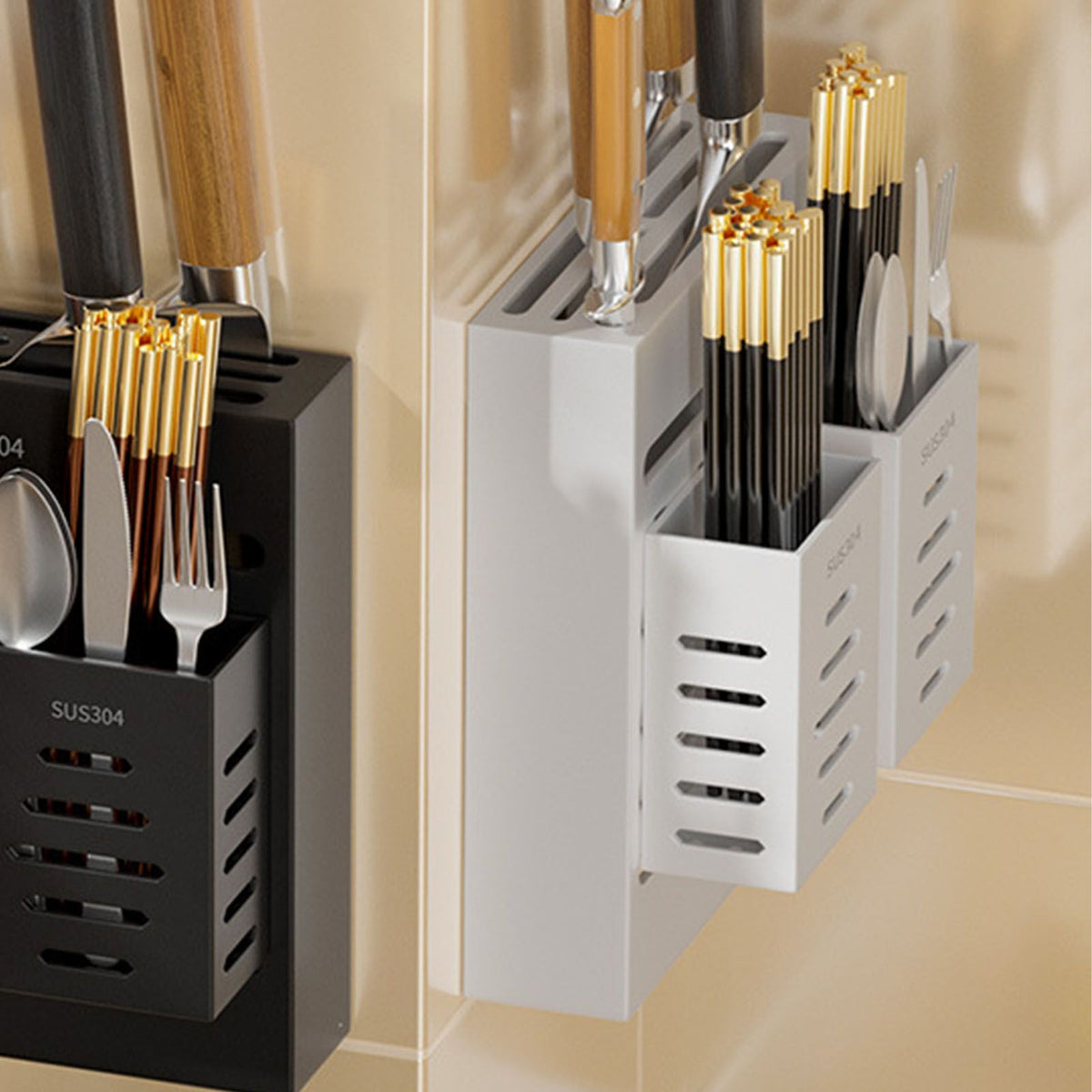 Utensil Holder Stainless Steel Wall Mount Chopstick Draining Storage Shelf for Home Kitchen Glossy