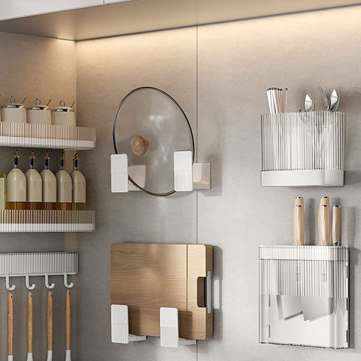 Kitchen Utensil Holder ABS Wall Mounted Multifunctional Draining Chopstick Cage Spoon Forks Storage Box for Home Countertop White