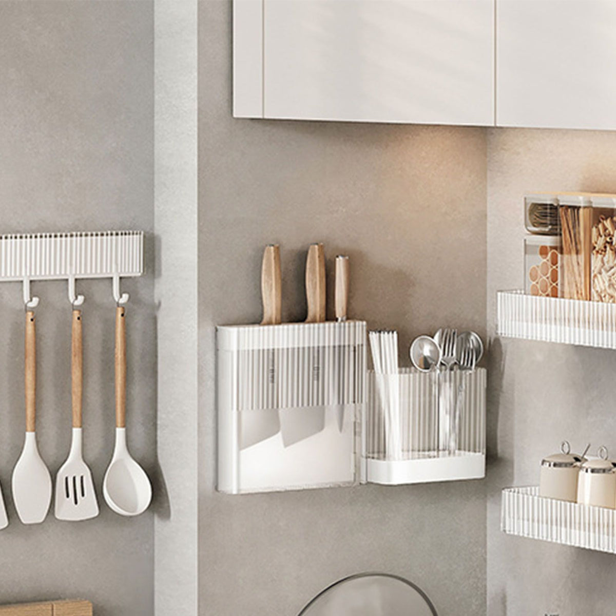 Kitchen Utensil Holder ABS Wall Mounted Multifunctional Draining Chopstick Cage Spoon Forks Storage Box for Home Countertop White