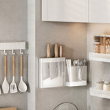 Kitchen Utensil Holder ABS Wall Mounted Multifunctional Draining Chopstick Cage Spoon Forks Storage Box for Home Countertop White - Close-Up Angle