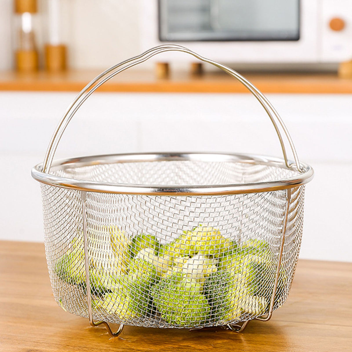 Mesh Steaming Basket Stainless Steel Comfortable Handles Heat Resistant Steaming Basket for Cooking Kitchen 20x21cm