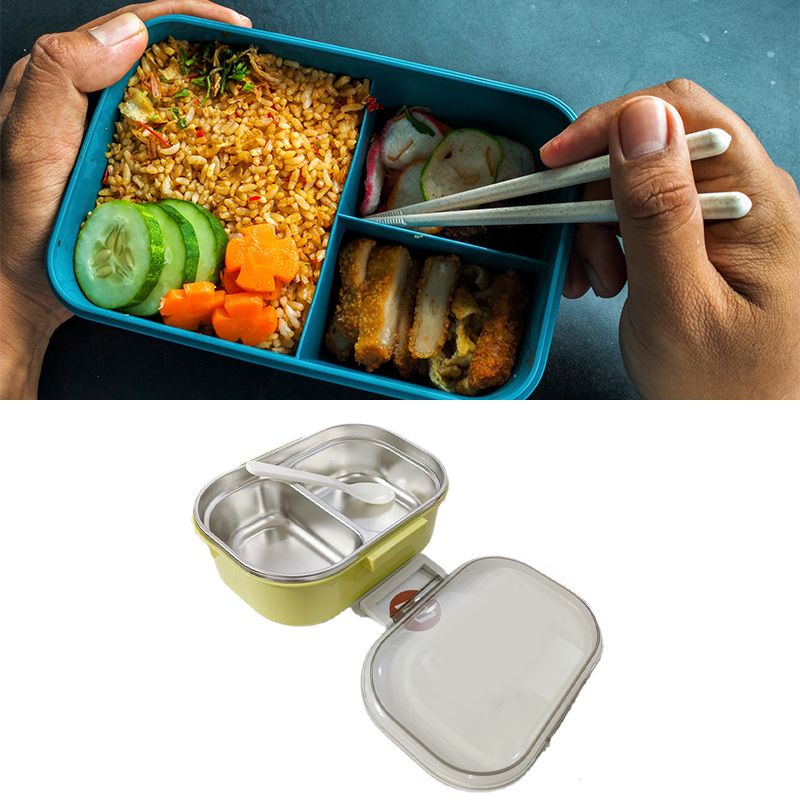 Stainless Steel Lunch Box Korean Style 2 Compartment Bento Box Metal Food Container for Kids Adults Pupils Office Workers chartreuse