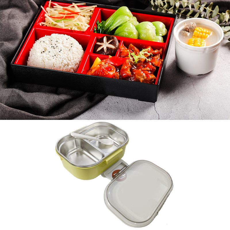 Stainless Steel Lunch Box Korean Style 2 Compartment Bento Box Metal Food Container for Kids Adults Pupils Office Workers chartreuse