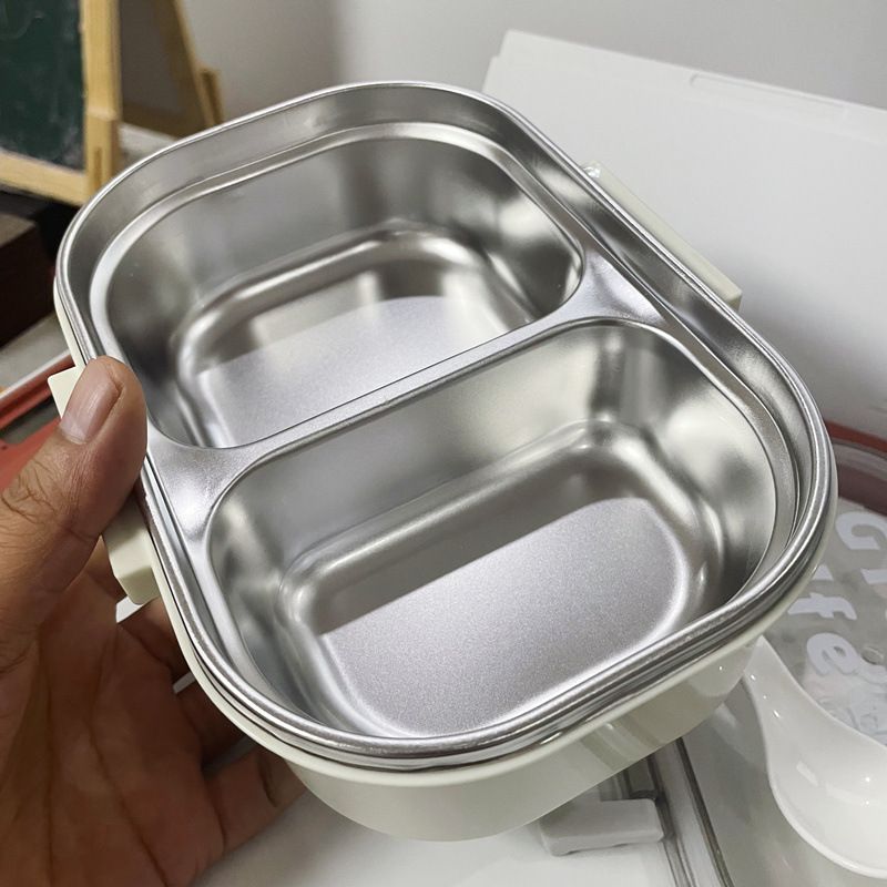 Stainless Steel Lunch Box Korean Style 2 Compartment Bento Box Metal Food Container for Kids Adults Pupils Office Workers Beige