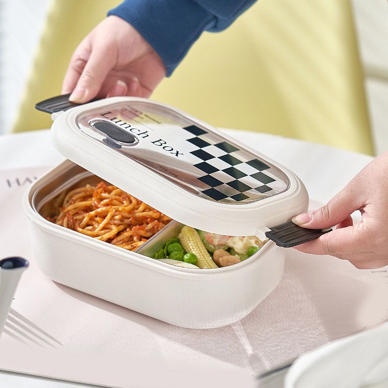 2 Compartment Bento Box Heat Preservation Stainless Steel Interlayer Lunch Box Airtight Portable Food Storage Containers for School Office Grid