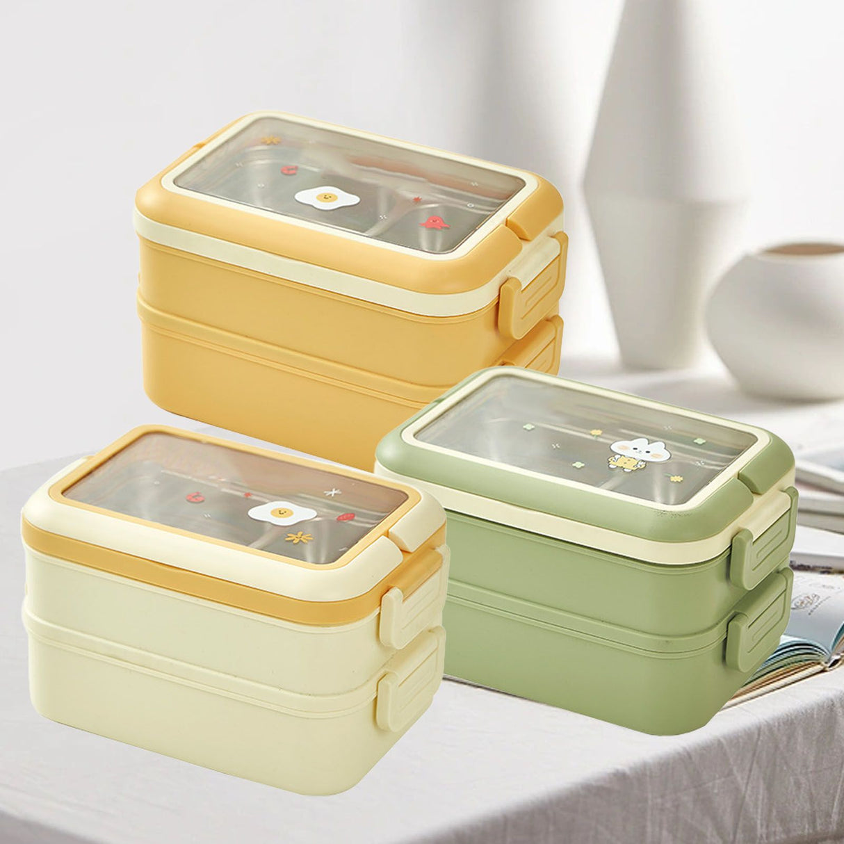 Stainless Steel Insulated Lunch Box Multiple Compartments Fashionable Safe Stainless Steel Bento Box for Students Kids Cream